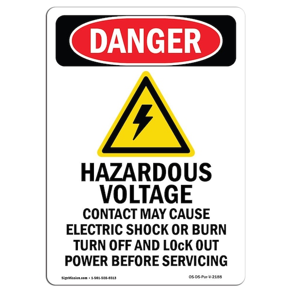 Safety Sign, OSHA Danger, 24" Height, Hazardous Voltage, Portrait, D-1824-V-2188